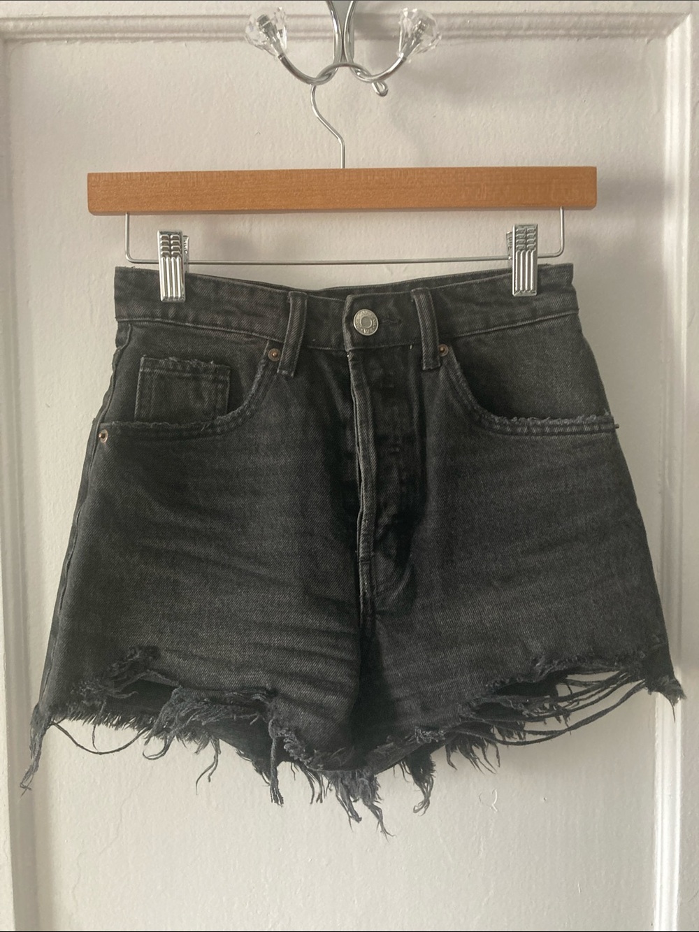 Zara Black Distressed High-Rise Denim Shorts